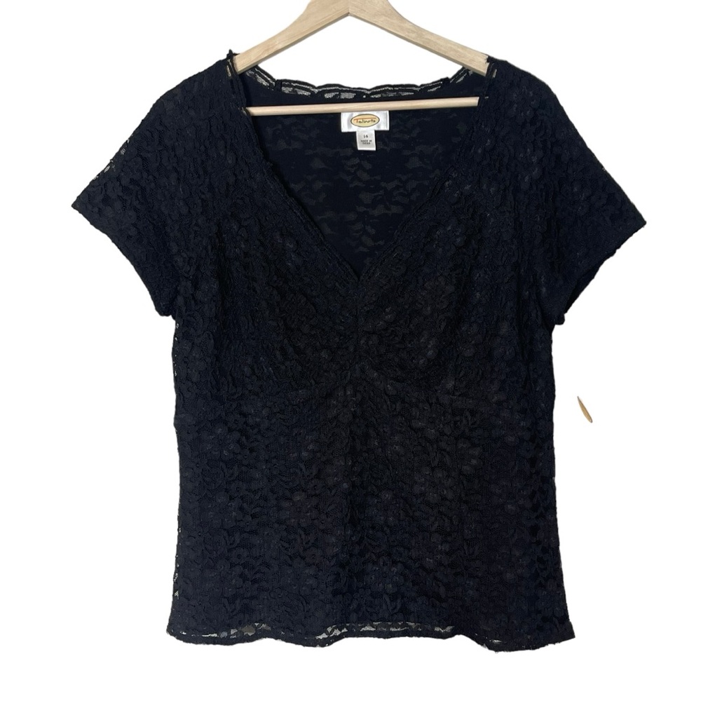Talbots VTG Black Lace V-Neck Pullover Blouse Size 14 Short Sleeve Zip Lined NEW